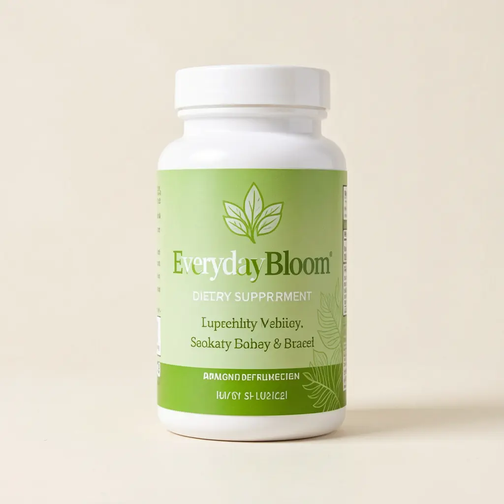 EverydayBloom dietary supplement bottle with green label on light background